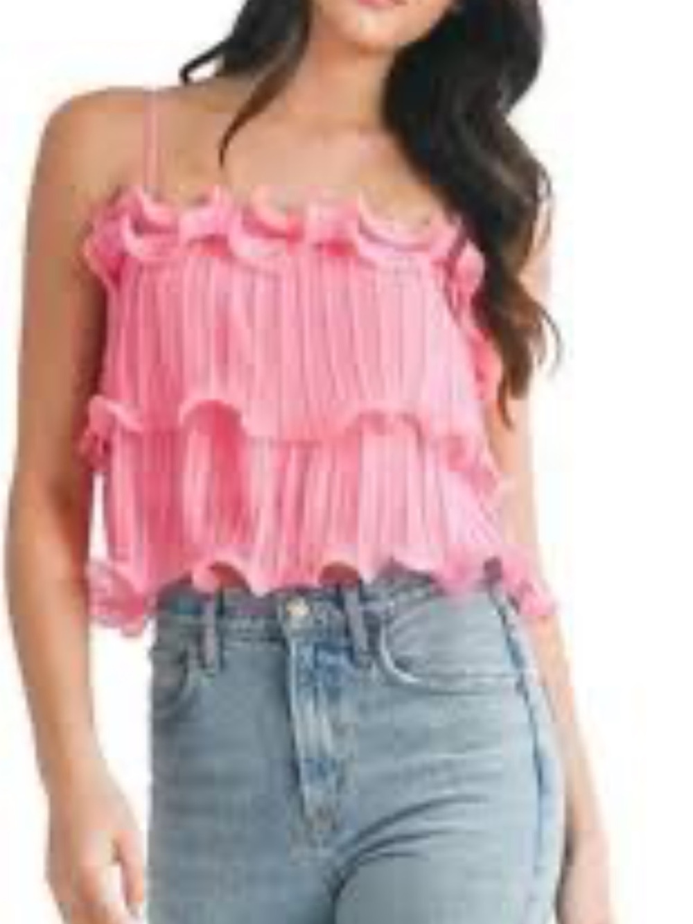 Lush Ruffle Pleated Wire Hem Crop Top in pink. small